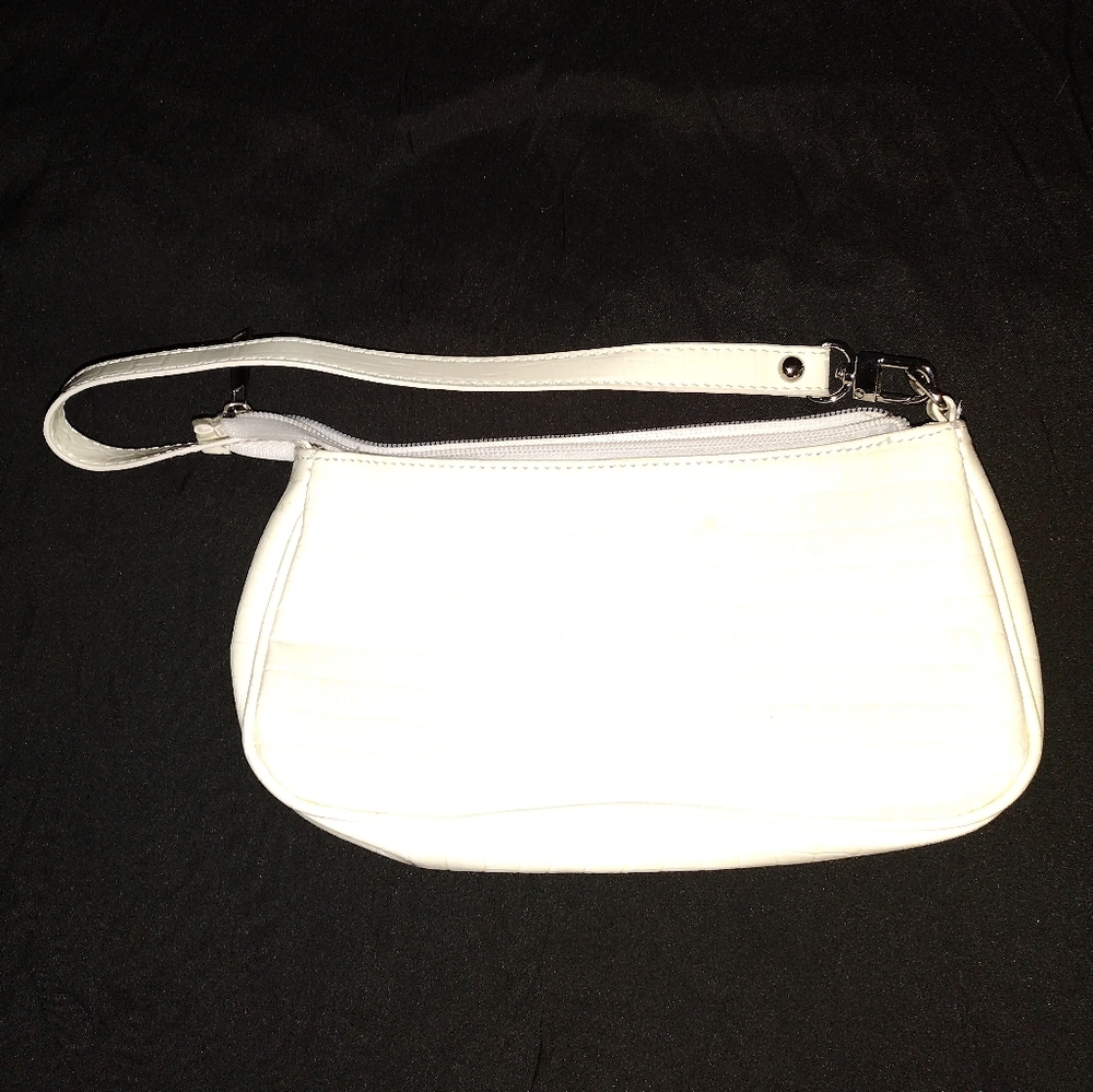 White Croc Embossed Striped Baguette Bag